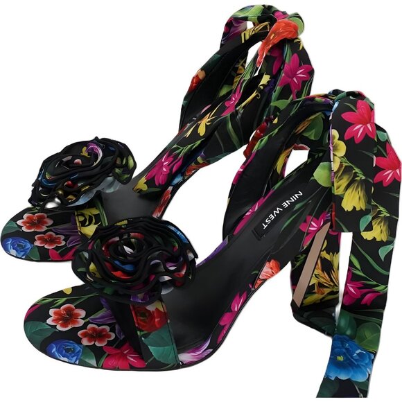 Nine West Krave Floral Heeled Sandals Black Multi Ankle Wrap 3D Rose US 6.5M - Picture 2 of 6